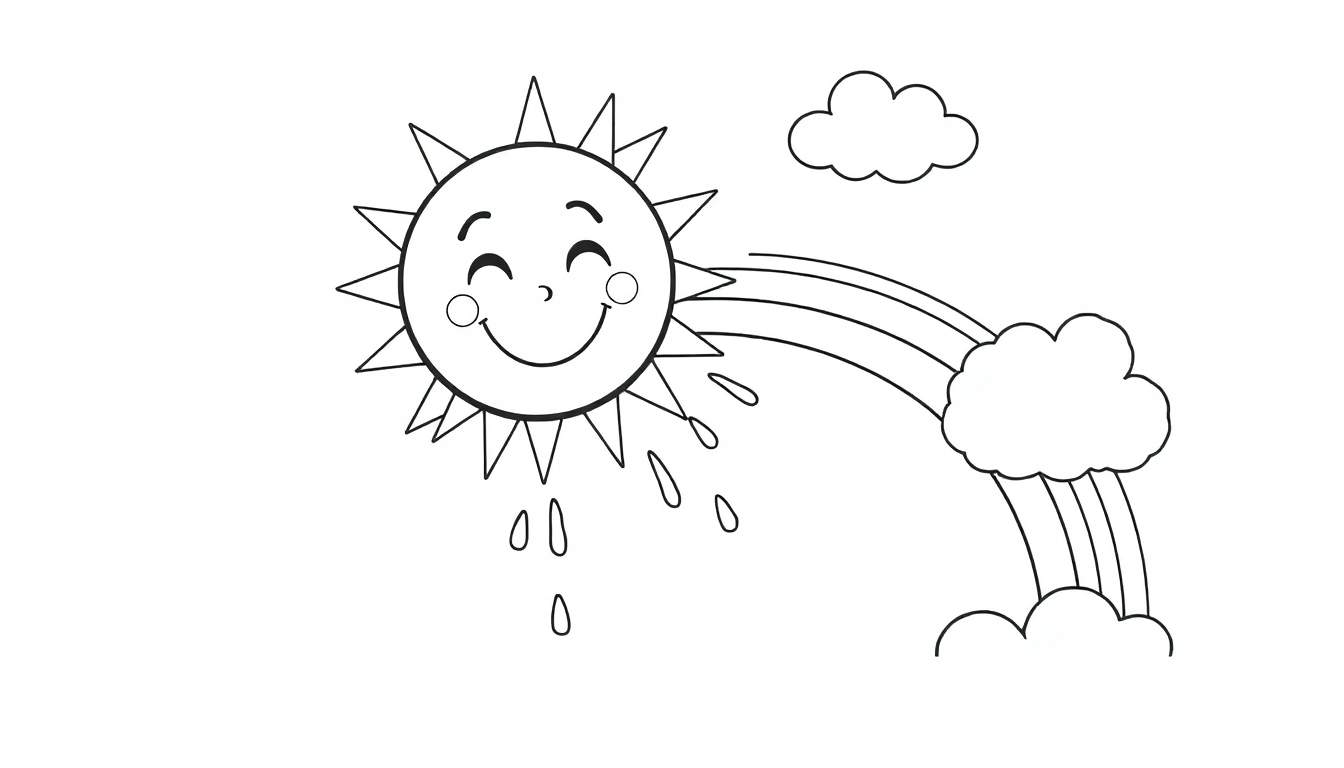Página para colorear de un sol sonriente con gotas de lluvia, una nube y un arcoíris.
