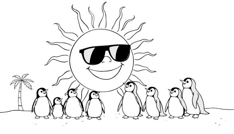 Ilustración para colorear de un sol feliz con gafas de sol, pingüinos y una palmera en la playa.
