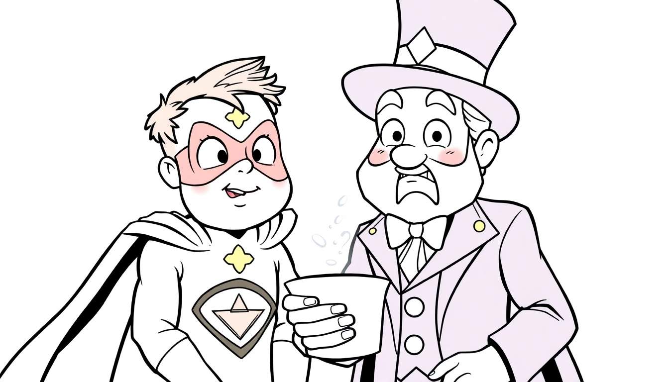 Ilustración de cómic para colorear de un superhéroe sonriente ofreciendo una taza con burbujas a un personaje con traje formal y sombrero de copa, cuya cara muestra asombro.