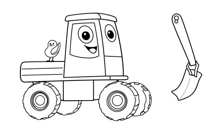 Dibujo de un tractor de construcción sonriente con un pajarito en su parte trasera y una pala flotando al lado. Página para colorear.