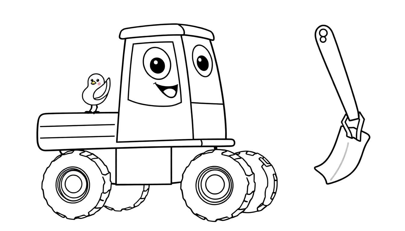 Dibujo de un tractor de construcción sonriente con un pajarito en su parte trasera y una pala flotando al lado. Página para colorear.
