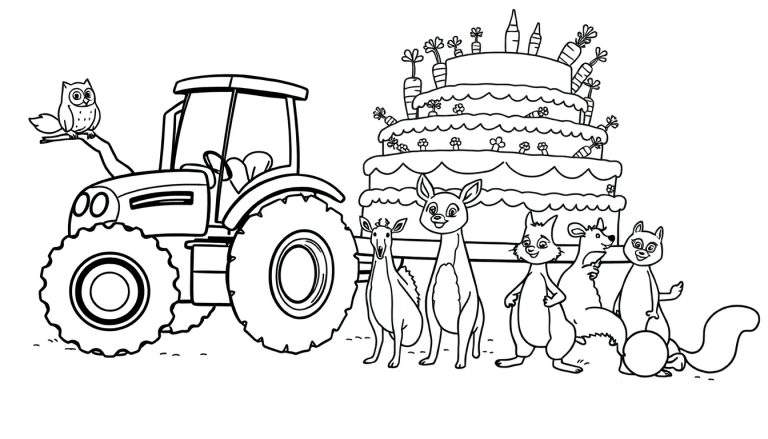 Ilustración para colorear de un tractor negro con un búho en una rama encima, una tarta de zanahoria y flores detrás, y ciervos, ratón, zorro y ardilla a la derecha.