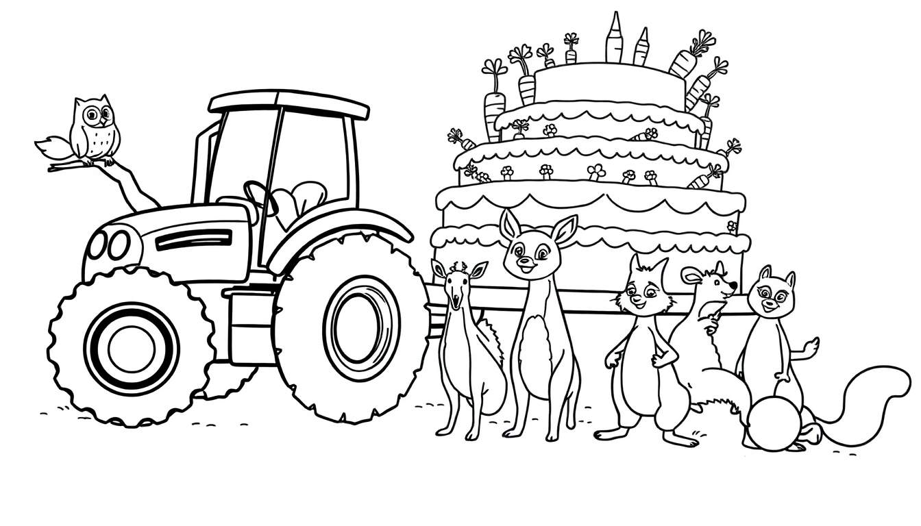Ilustración para colorear de un tractor negro con un búho en una rama encima, una tarta de zanahoria y flores detrás, y ciervos, ratón, zorro y ardilla a la derecha.