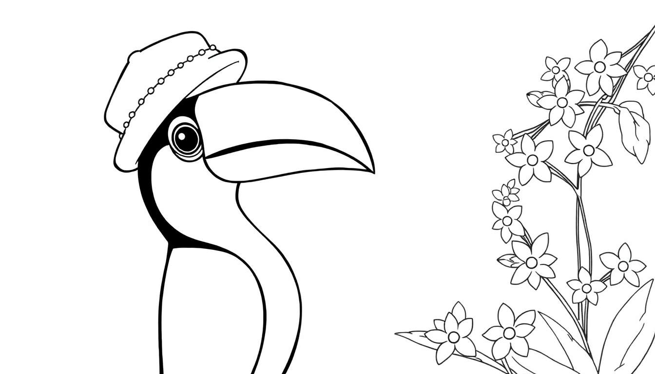 Dibujo lineal de un tucán sonriente con un sombrero, parado junto a una rama con flores.