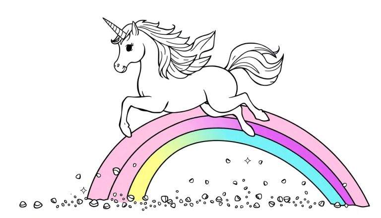 Dibujo para colorear de un unicornio blanco con crines onduladas y un cuerno brillante, saltando sobre un arcoíris con bandas de color rosa, amarillo y azul. Debajo del arcoíris hay estrellas y guijarros.