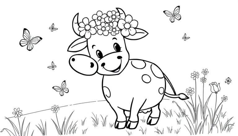 Página para colorear de una vaca con flores en la cabeza, rodeada de mariposas y flores en el césped. Dibujo en blanco y negro.