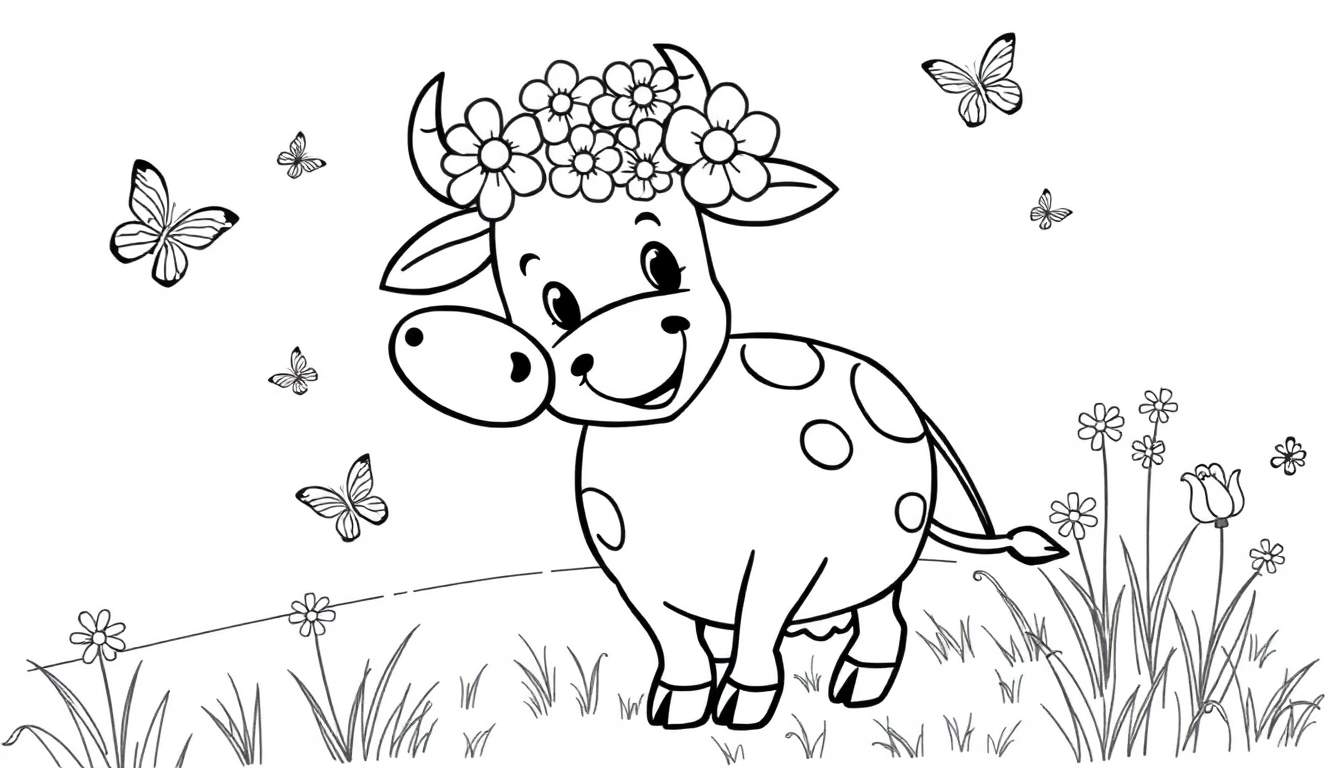 Página para colorear de una vaca con flores en la cabeza, rodeada de mariposas y flores en el césped. Dibujo en blanco y negro.