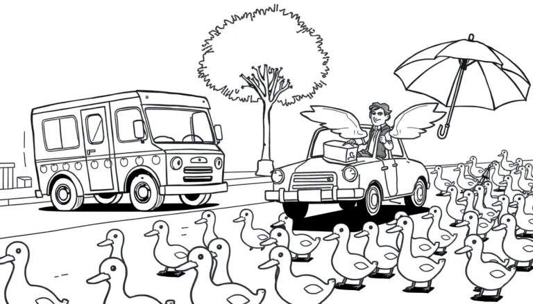 Ilustración para colorear de un coche clásico con un hombre con alas de ángel, una caja, un paraguas, una procesión de patos, un camión de reparto y un árbol.