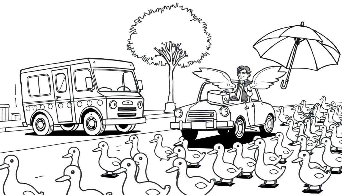 Ilustración para colorear de un coche clásico con un hombre con alas de ángel, una caja, un paraguas, una procesión de patos, un camión de reparto y un árbol.