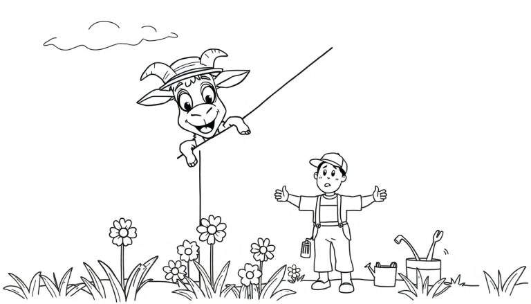 Página para colorear con una cabra sonriente y sorprendida con sombrero, un niño asustado con sombrero y tirantes, nubes, flores y herramientas de jardinería.