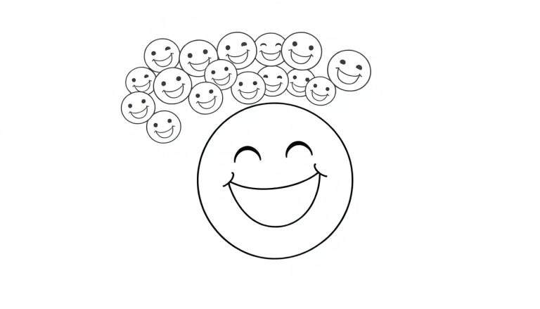 Página para colorear con una gran cara sonriente central y varias caras sonrientes más pequeñas flotando arriba.