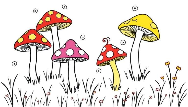 Página para colorear de un bosque con cinco hongos de diferentes colores y patrones, rodeados de césped, flores y burbujas.