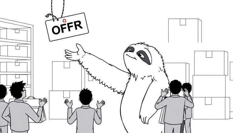 Ilustración para colorear de un perezoso gigante amable levantando una caja etiquetada 'OFFR' hacia un grupo de personas en un almacén con muchas cajas apiladas.