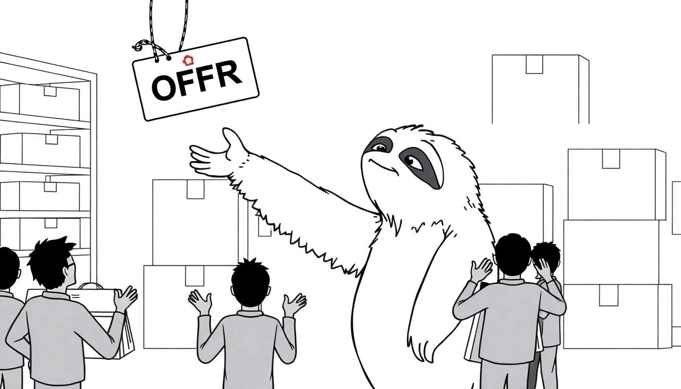 Ilustración para colorear de un perezoso gigante amable levantando una caja etiquetada 'OFFR' hacia un grupo de personas en un almacén con muchas cajas apiladas.