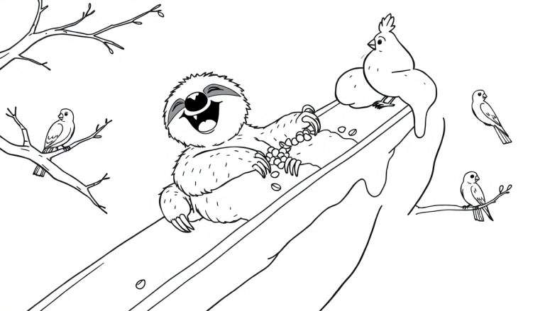 Ilustración para colorear de un perezoso feliz deslizándose por un tobogán, con pájaros posados en un árbol y en la estructura. Dibujo en blanco y negro para niños.