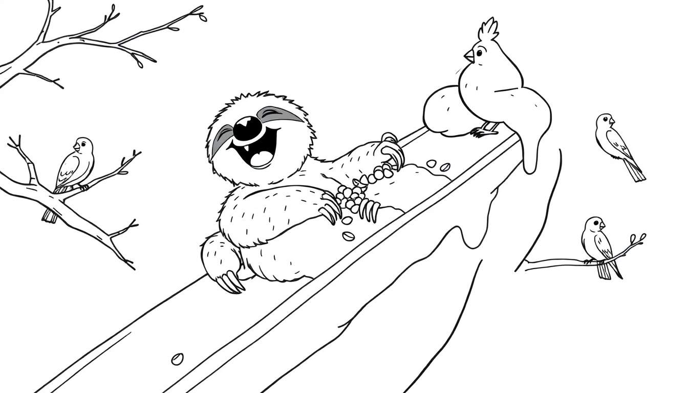 Ilustración para colorear de un perezoso feliz deslizándose por un tobogán, con pájaros posados en un árbol y en la estructura. Dibujo en blanco y negro para niños.