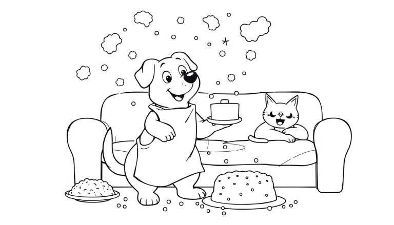 Página para colorear de un perro y un gato en un sofá, el perro tiene un pastel, hay más pasteles en el suelo y burbujas en el aire.