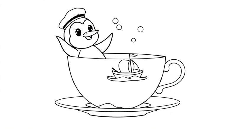 Dibujo para colorear de un pingüino marinero en una taza de té con un barco de vela y burbujas.