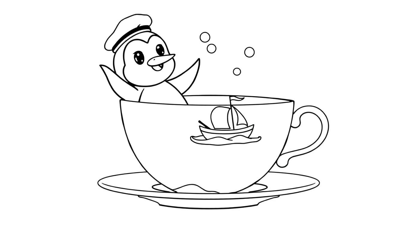 Dibujo para colorear de un pingüino marinero en una taza de té con un barco de vela y burbujas.