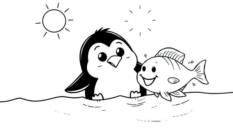 Dibujo a lápiz para colorear de un pingüino y un pez sonriendo en el agua, con un sol en la esquina superior izquierda.