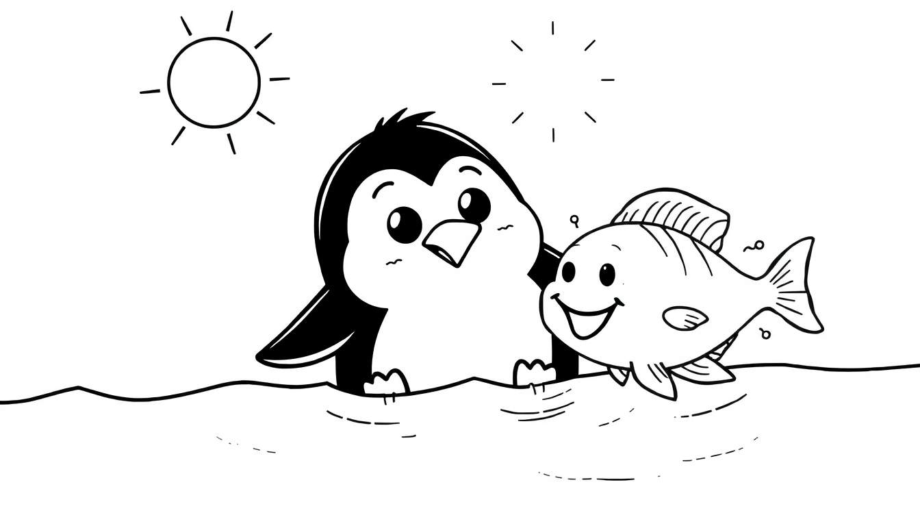 Dibujo a lápiz para colorear de un pingüino y un pez sonriendo en el agua, con un sol en la esquina superior izquierda.