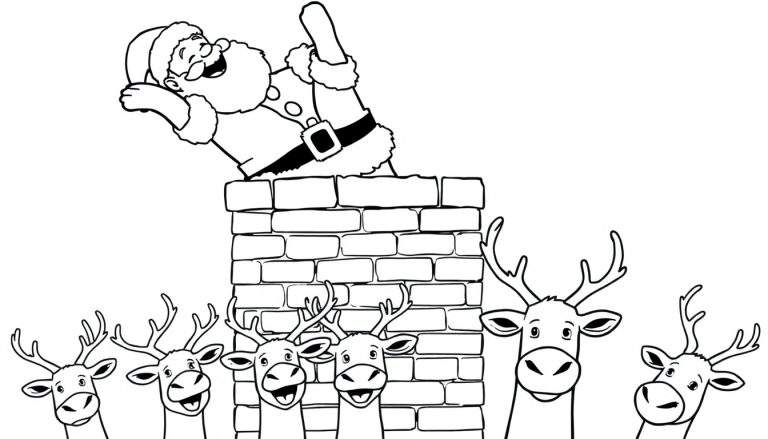 Página para colorear de Papá Noel riendo al bajar por una chimenea, con siete renos sonriendo debajo.