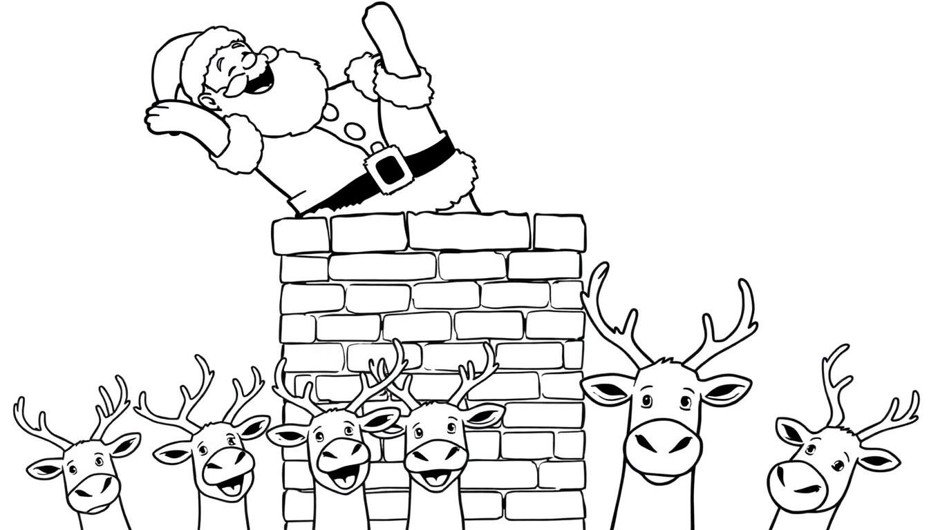 Página para colorear de Papá Noel riendo al bajar por una chimenea, con siete renos sonriendo debajo.