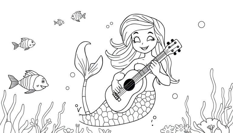 Página para colorear de una sirena sonriente tocando una guitarra rodeada de peces y algas marinas.