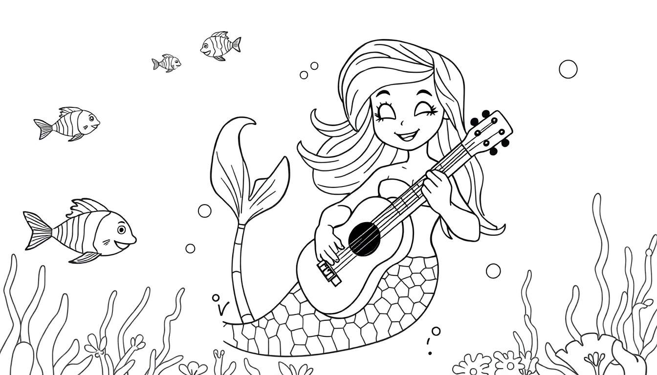 Página para colorear de una sirena sonriente tocando una guitarra rodeada de peces y algas marinas.
