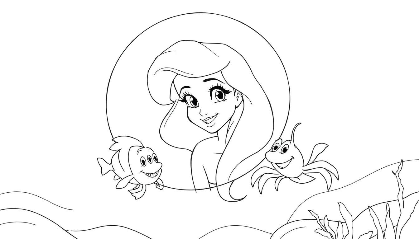 Página para colorear de la Princesa Ariel, Flounder y Sebastian nadando bajo el agua.