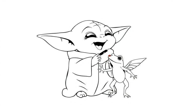 Dibujo para colorear de un personaje parecido a Baby Yoda con un rotulador pintando la nariz de una rana alada sonriente.