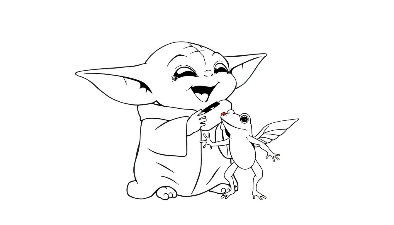Dibujo para colorear de un personaje parecido a Baby Yoda con un rotulador pintando la nariz de una rana alada sonriente.