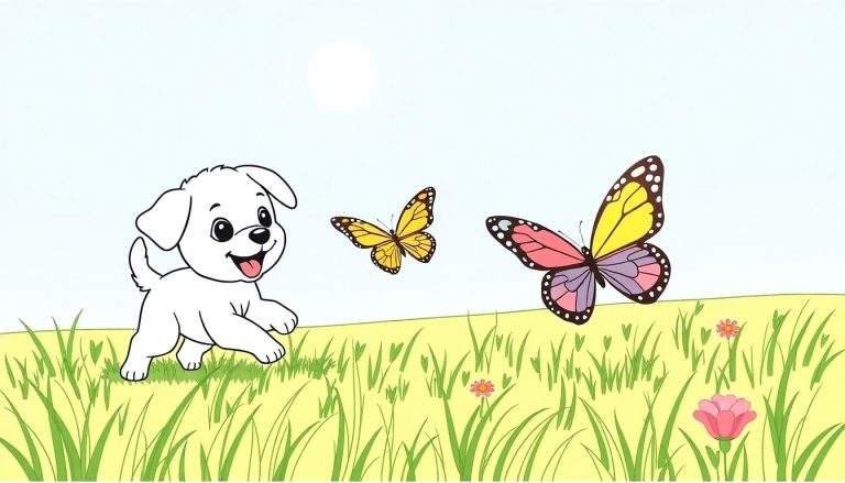 Ilustración para colorear de un cachorro blanco jugando en un campo verde con hierba alta, dos mariposas revoloteando y flores pequeñas, bajo un sol blanco en un cielo azul.