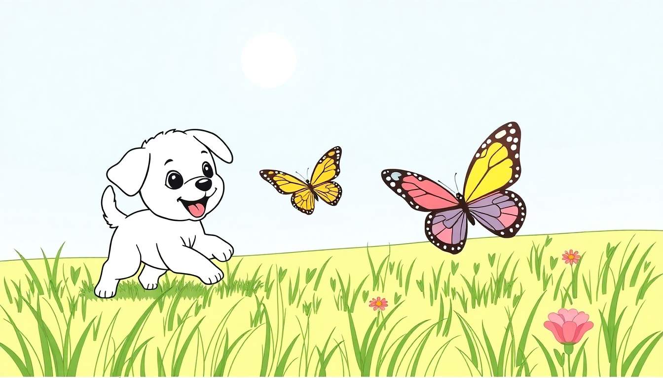 Ilustración para colorear de un cachorro blanco jugando en un campo verde con hierba alta, dos mariposas revoloteando y flores pequeñas, bajo un sol blanco en un cielo azul.
