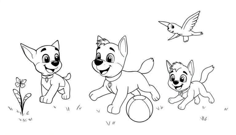 Página para colorear en línea de tres cachorros, una pelota, un pájaro volando, una flor y una mariposa sobre hierba.