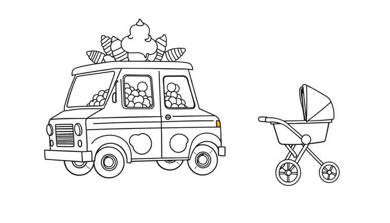 Dibujo lineal en blanco y negro para colorear de un camión de dulces con un gran helado en el techo y un cochecito de bebé a su lado.