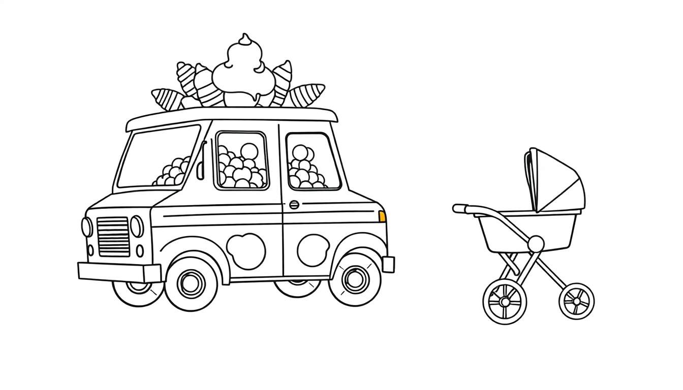 Dibujo lineal en blanco y negro para colorear de un camión de dulces con un gran helado en el techo y un cochecito de bebé a su lado.