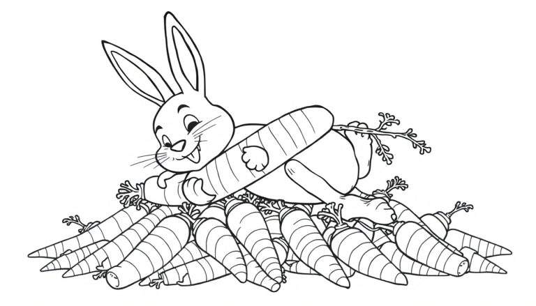 Página para colorear de un conejo blanco con orejas largas sentado sobre una pila de zanahorias, mordiendo una zanahoria con la lengua fuera.
