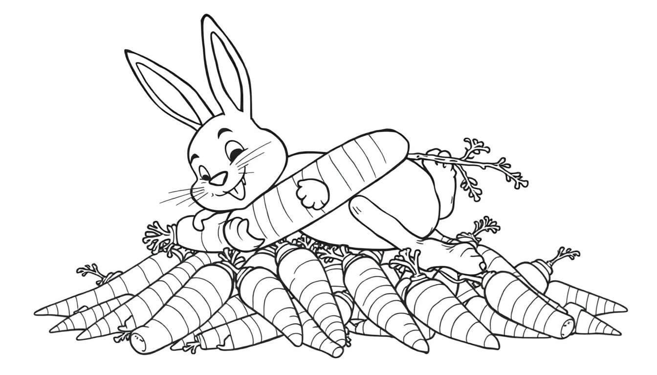 Página para colorear de un conejo blanco con orejas largas sentado sobre una pila de zanahorias, mordiendo una zanahoria con la lengua fuera.