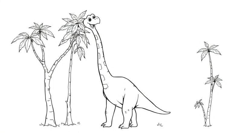 Dibujo para colorear de un dinosaurio de cuello largo sonriente comiendo de un árbol con varias palmeras alrededor.