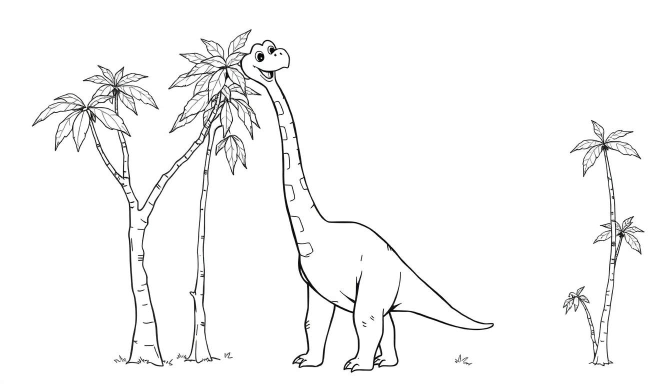 Dibujo para colorear de un dinosaurio de cuello largo sonriente comiendo de un árbol con varias palmeras alrededor.