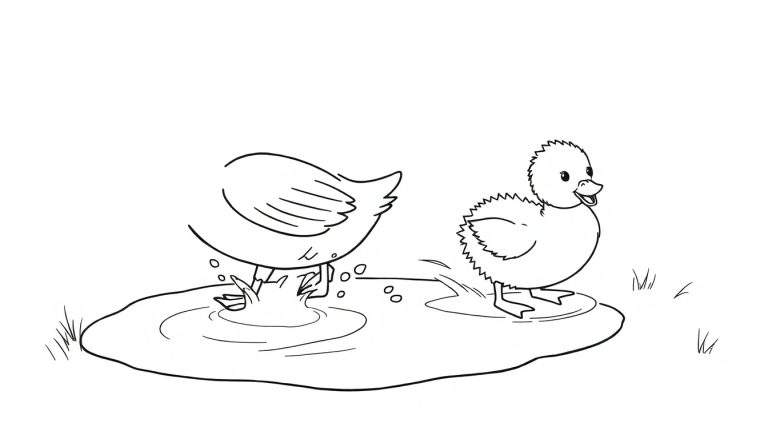 Dibujo a lápiz de dos patos, uno grande a la izquierda y uno pequeño a la derecha, en un charco de agua. El pato grande salpica el agua y el pato pequeño mira hacia la derecha.