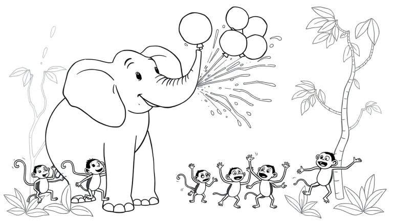 Página para colorear de un elefante amigable sosteniendo globos con su trompa y rociando agua, rodeado de monos saltando y jugando cerca de un árbol en la jungla.