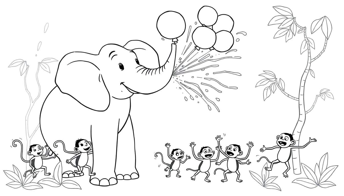 Página para colorear de un elefante amigable sosteniendo globos con su trompa y rociando agua, rodeado de monos saltando y jugando cerca de un árbol en la jungla.
