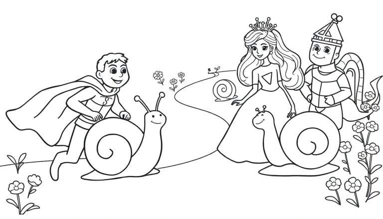 Página para colorear de fantasía con un niño superhéroe en un caracol, una princesa y un caballero.