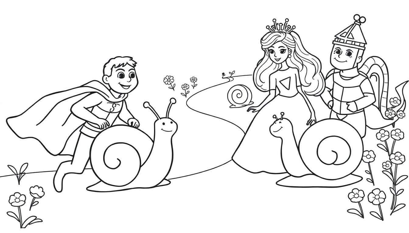 Página para colorear de fantasía con un niño superhéroe en un caracol, una princesa y un caballero.