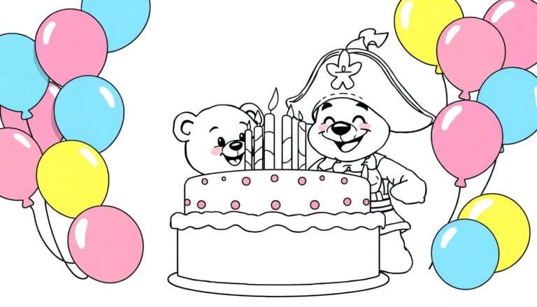 Página para colorear con dos ositos de peluche frente a un pastel de cumpleaños con velas encendidas y globos de colores alrededor.