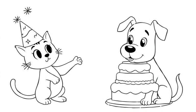Página para colorear de un gato con gorro de fiesta y un perro frente a un pastel, ambos celebrando felices.