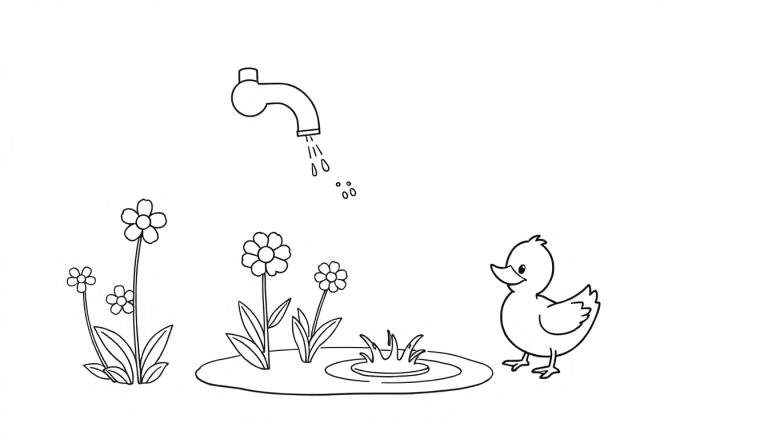 Página para colorear con un grifo, flores y un patito junto a un charco.