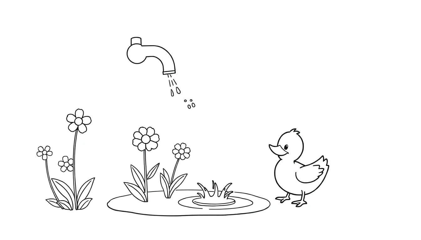 Página para colorear con un grifo, flores y un patito junto a un charco.